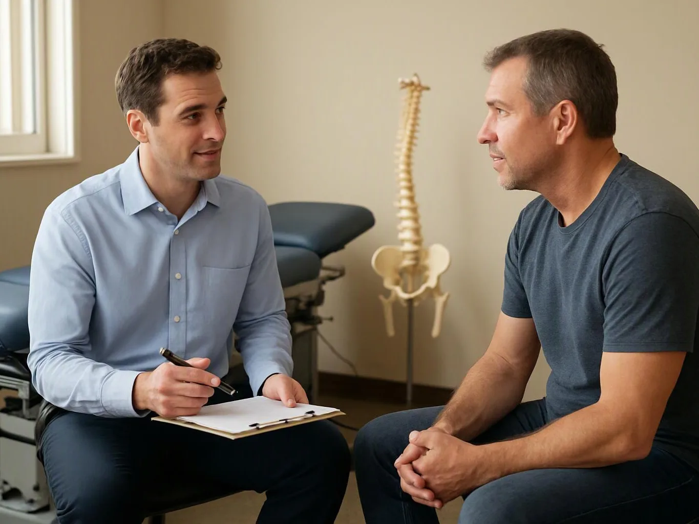 A doctor takes notes while talking with a seated man in an exam room, with a spine model behind them