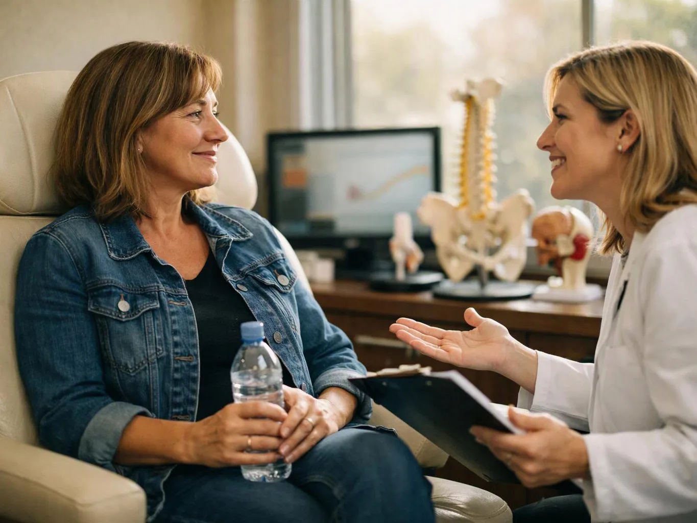 A doctor talks with a smiling woman in an exam room while holding a clipboard
