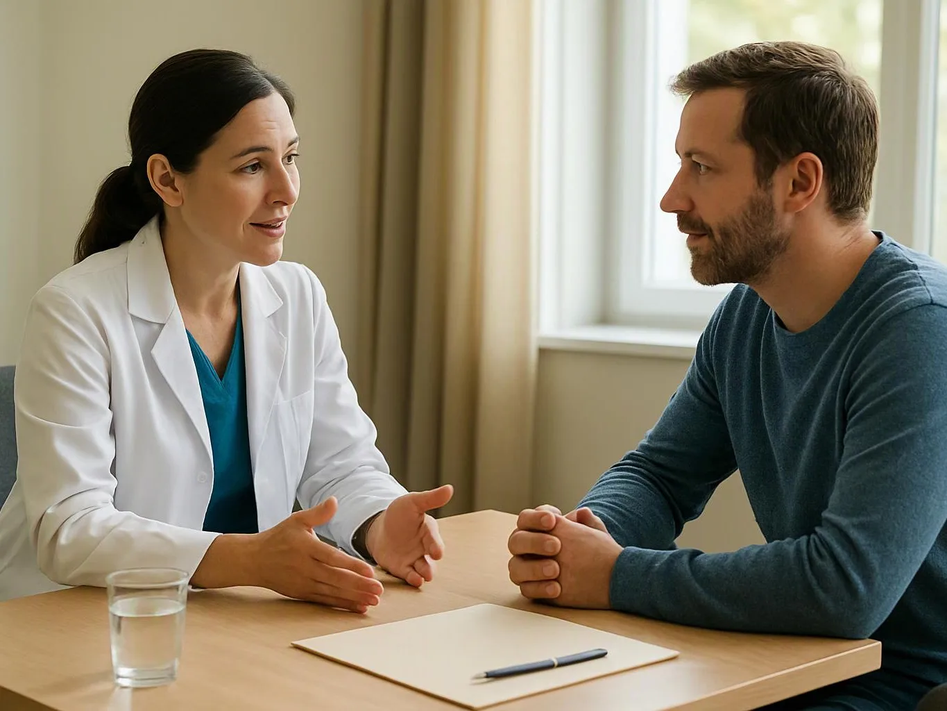 A doctor in a white coat talks with a seated man across a table in a bright room