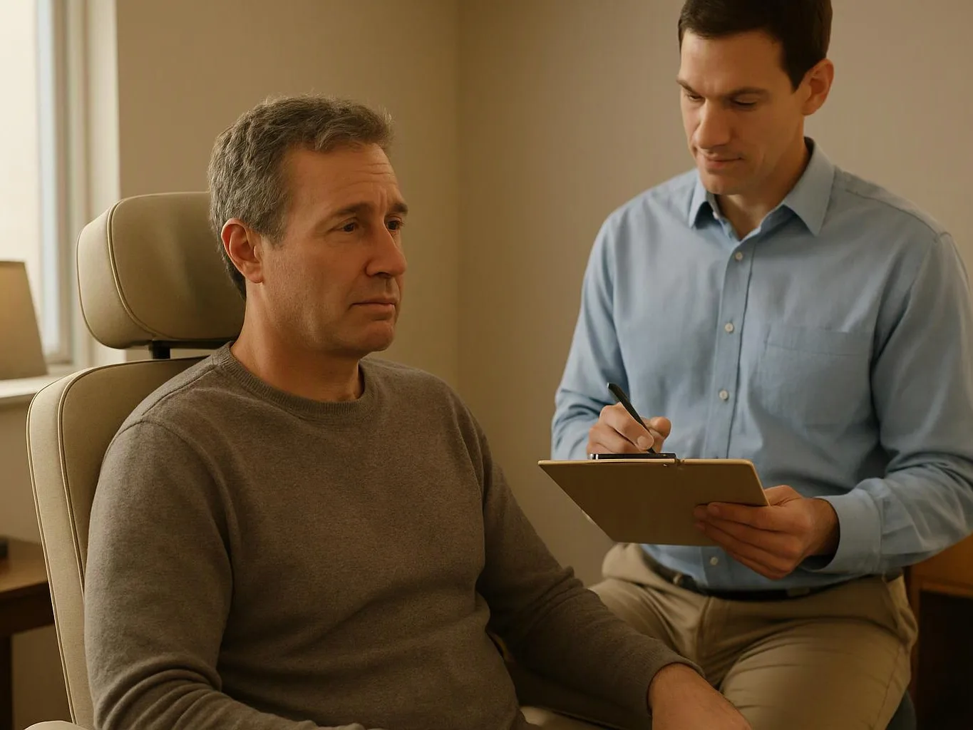 A doctor writes on a clipboard while a seated man waits in an exam room