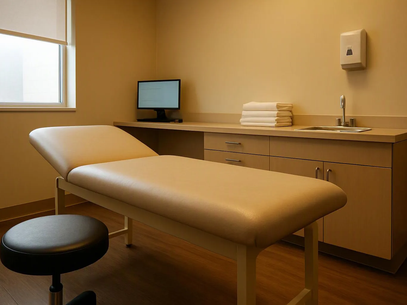 An empty exam room shows a treatment table, stool, sink, monitor, and folded towels by the wall