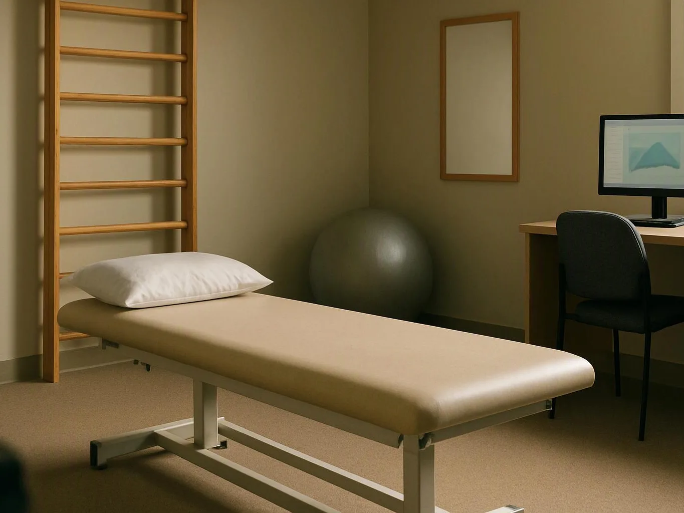 An empty treatment room shows a padded exam table, wall bars, a desk with a monitor, and an exercise ball