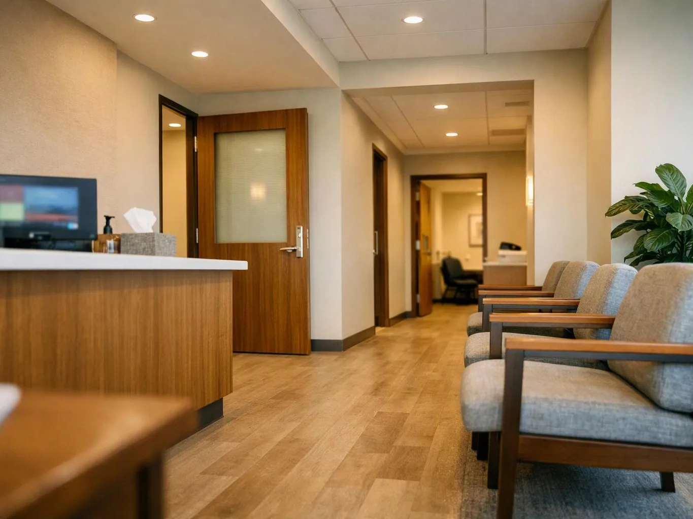 An empty waiting room shows gray chairs, a wooden counter, open doors, and warm ceiling lights