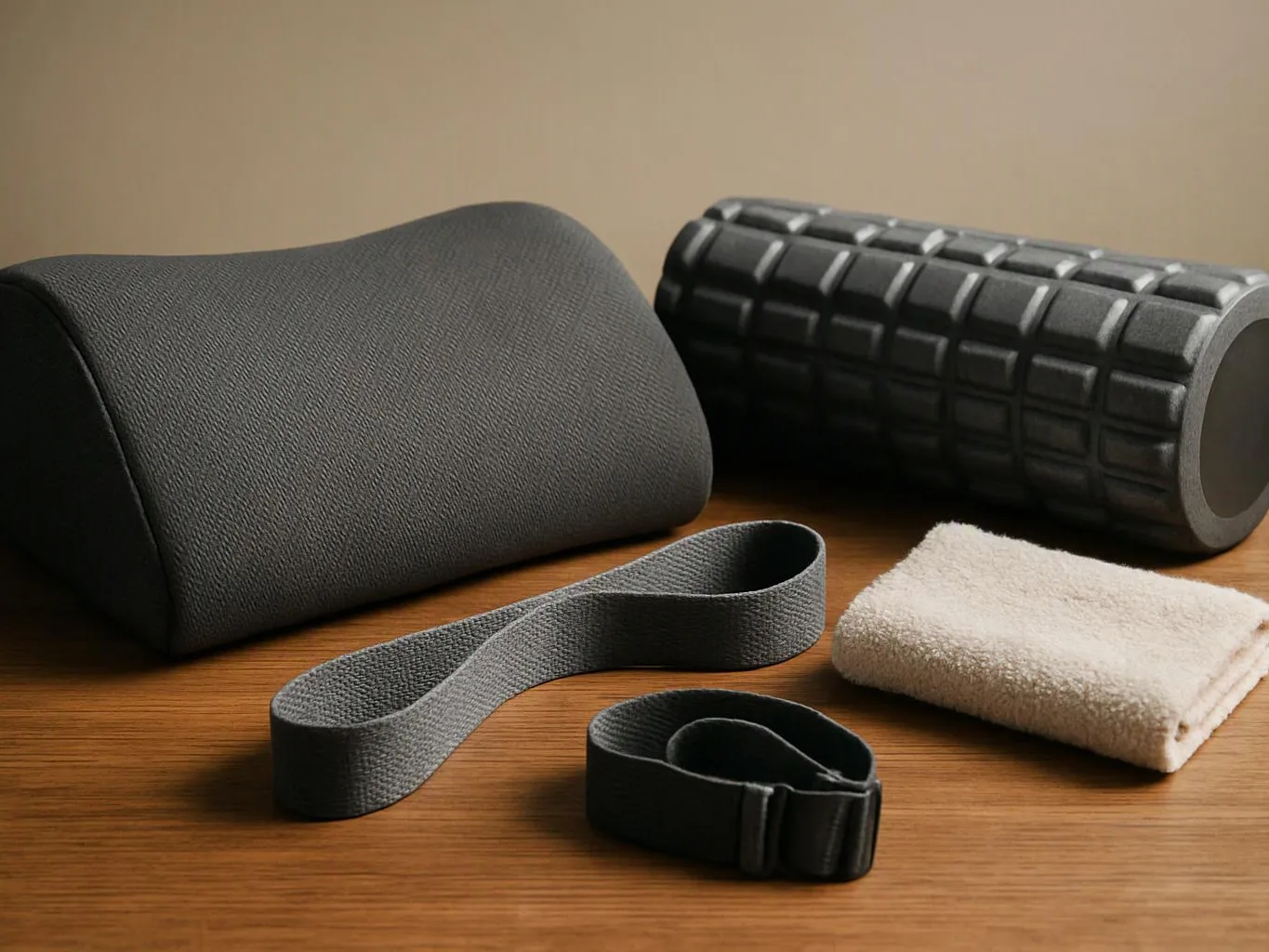 Exercise props rest on a wooden surface, including foam rollers, straps, a cushion, and a folded towel