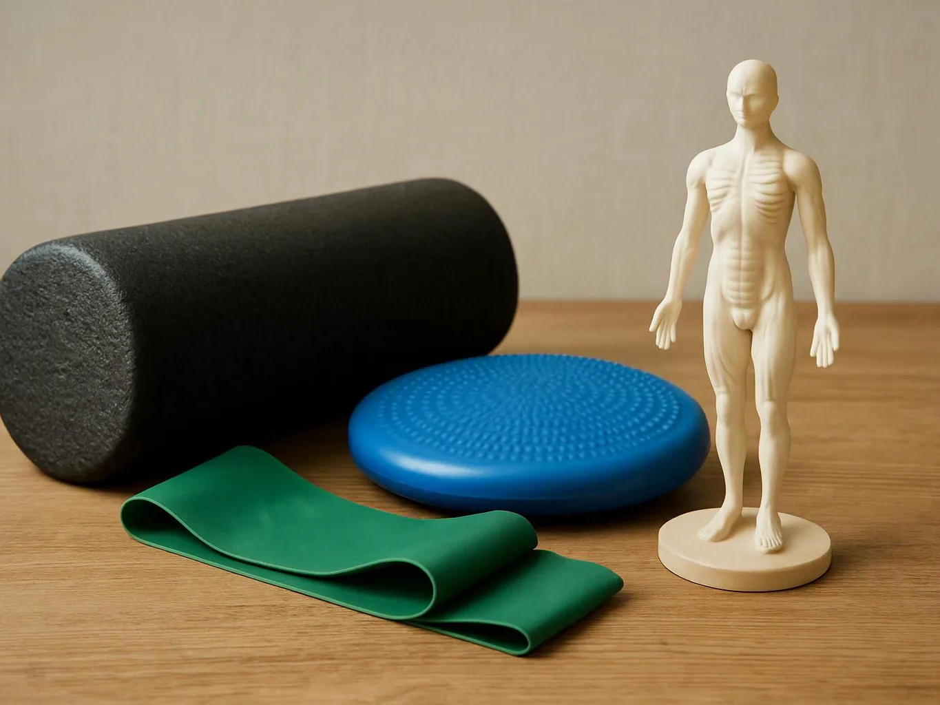 A foam roller, blue balance disc, green resistance band, and small human model sit on a wooden surface