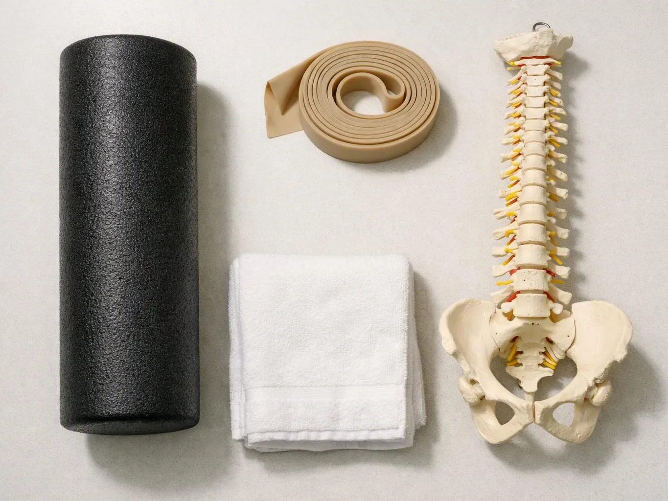 A foam roller, rolled beige strap, folded white towel, and spine model lie on a light surface
