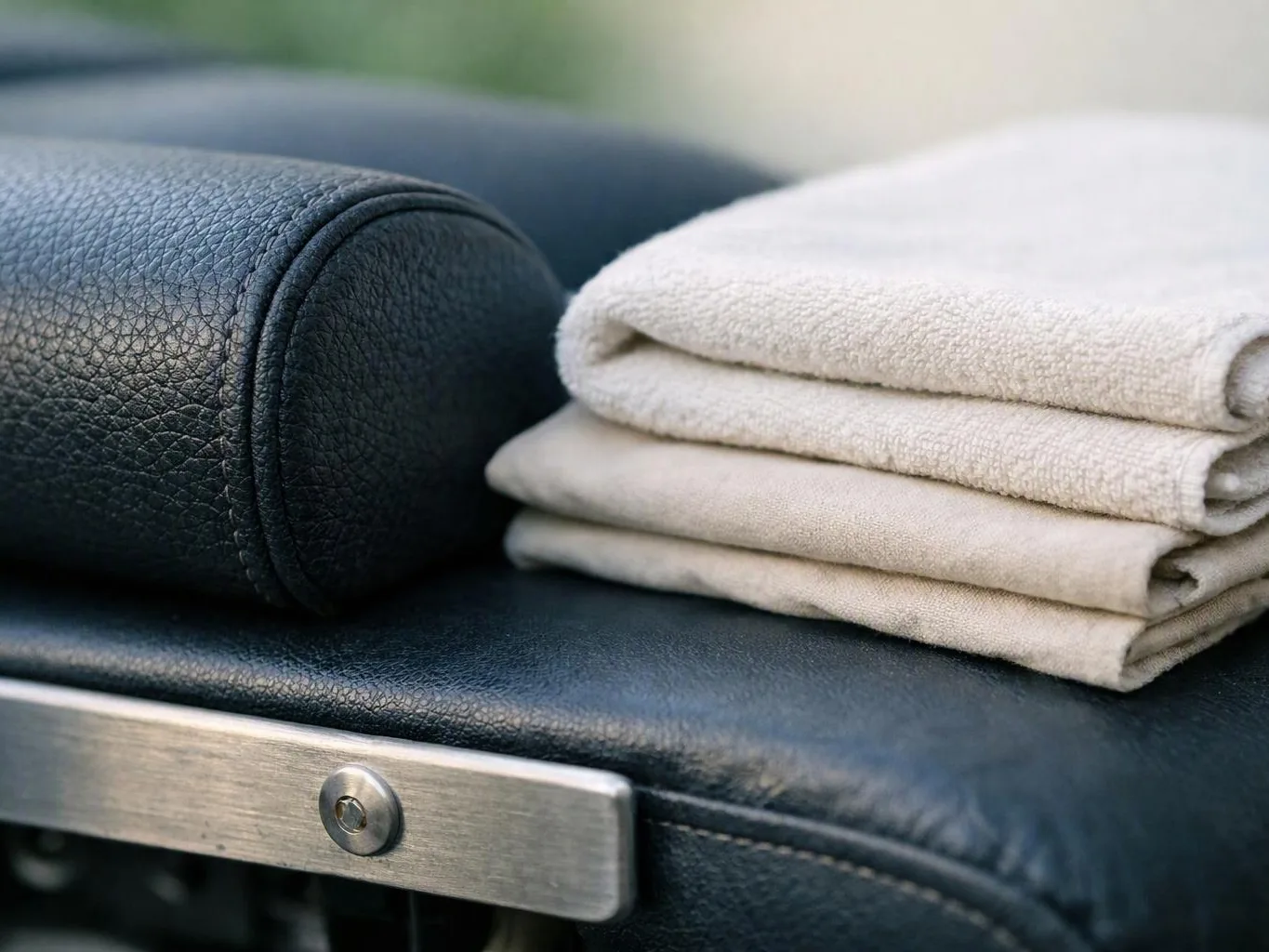 A folded beige towel rests beside a black leather cushion with a metal bracket in the foreground