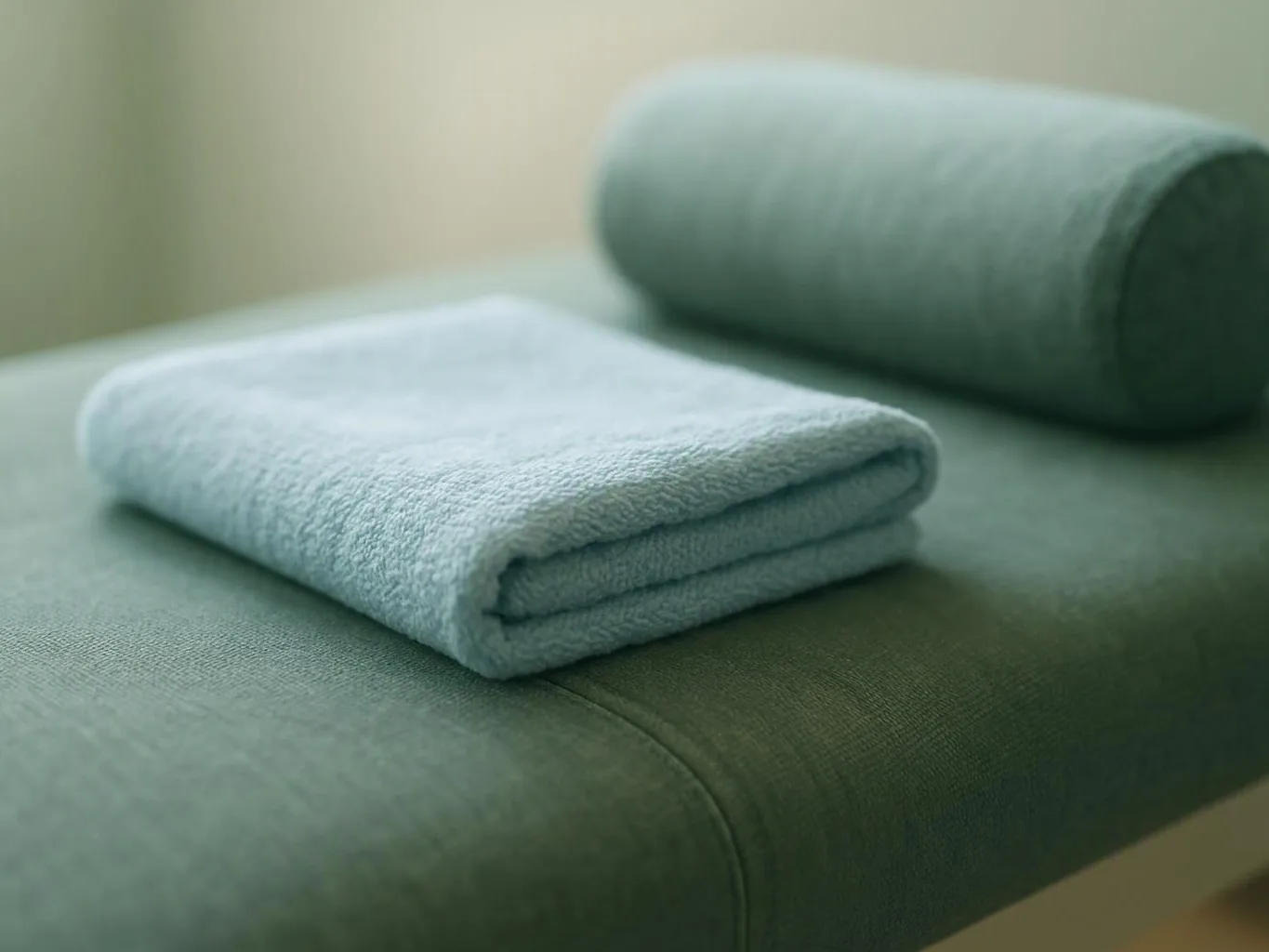 A folded light blue towel rests on a green padded surface with a rolled towel behind it