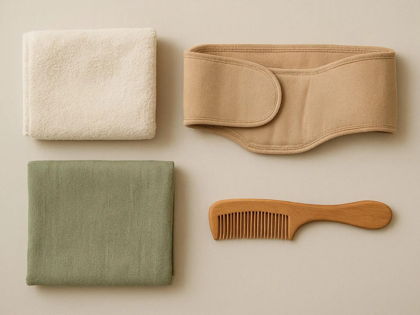 Folded towels, a beige wrap, and a wooden comb are neatly arranged on a light surface