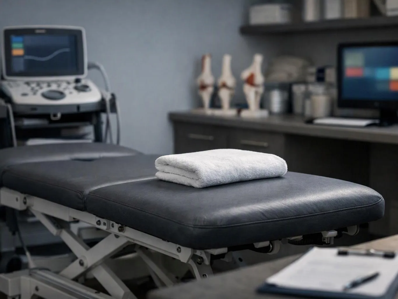 A folded white towel rests on a black exam table in a medical room with monitors and joint models