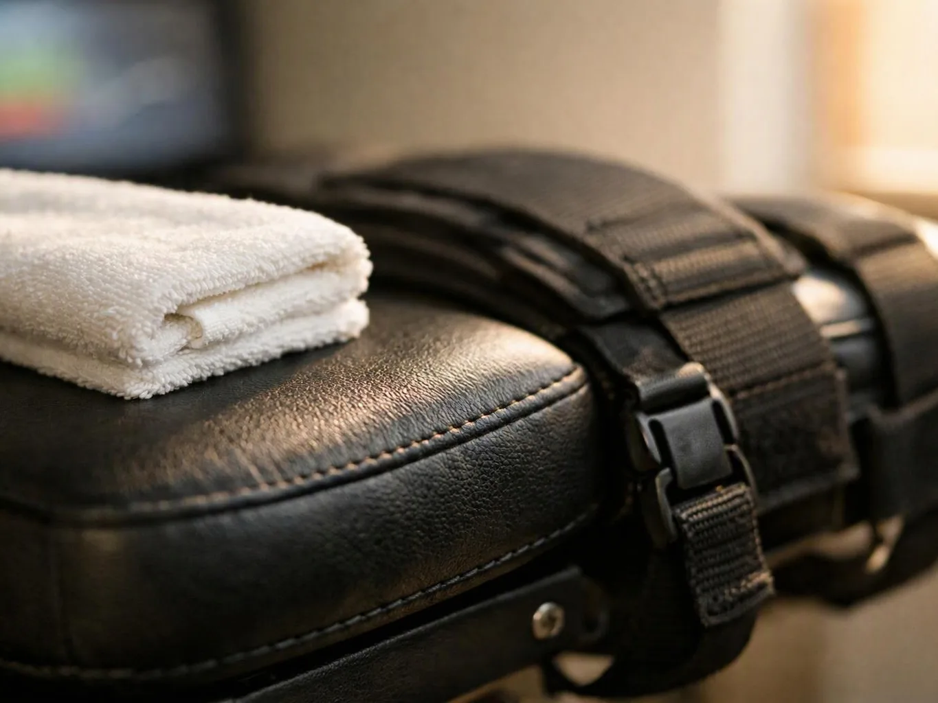 A folded white towel rests on a black padded leather cushion with straps and buckles in a warm indoor setting