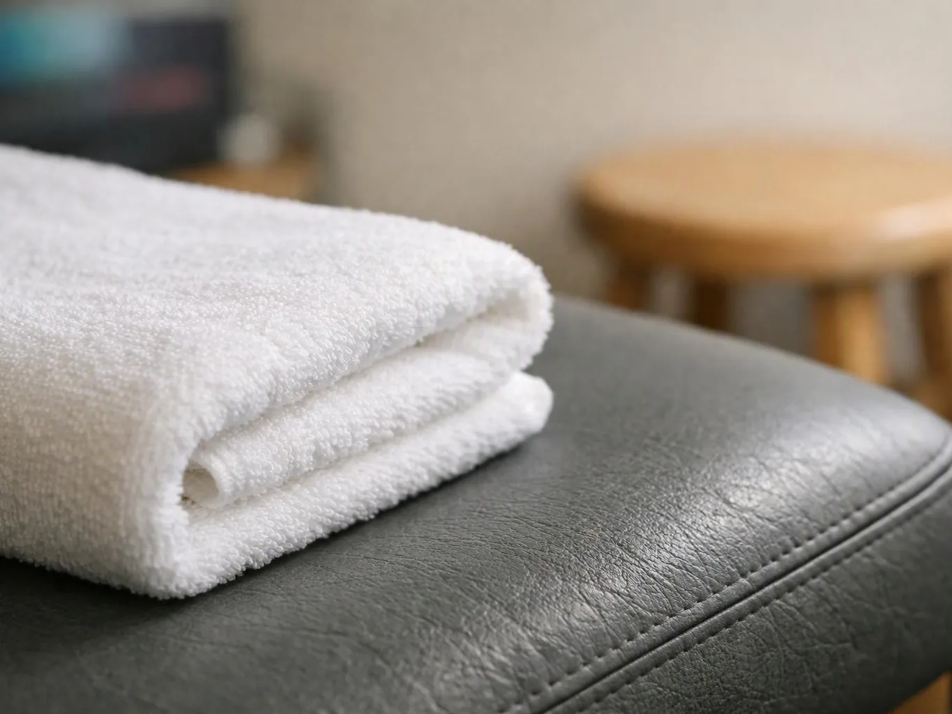 A folded white towel rests on a gray leather cushion with a blurred stool in the background