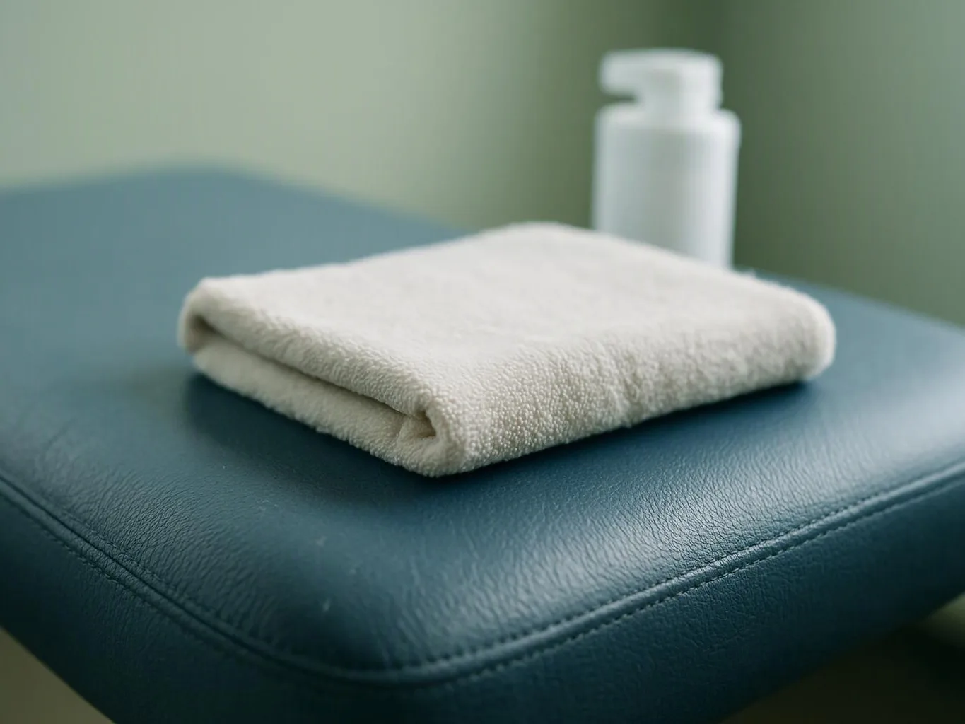 A folded white towel rests on a teal vinyl table with a pump bottle blurred in the background