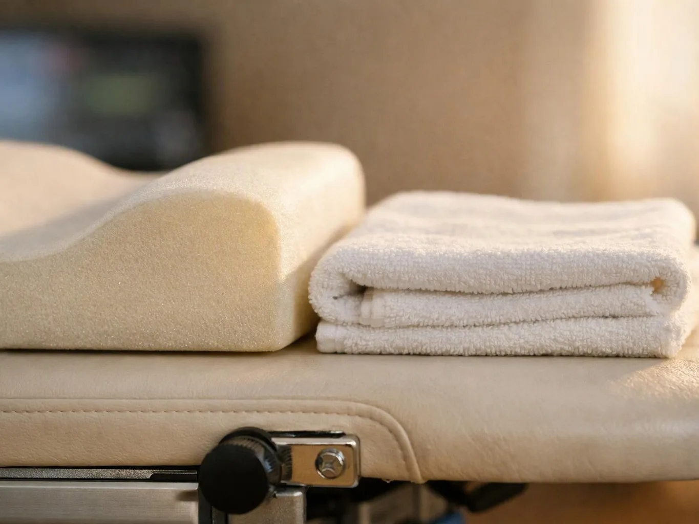 Folded white towels and a beige cushion sit on a padded treatment table in warm light