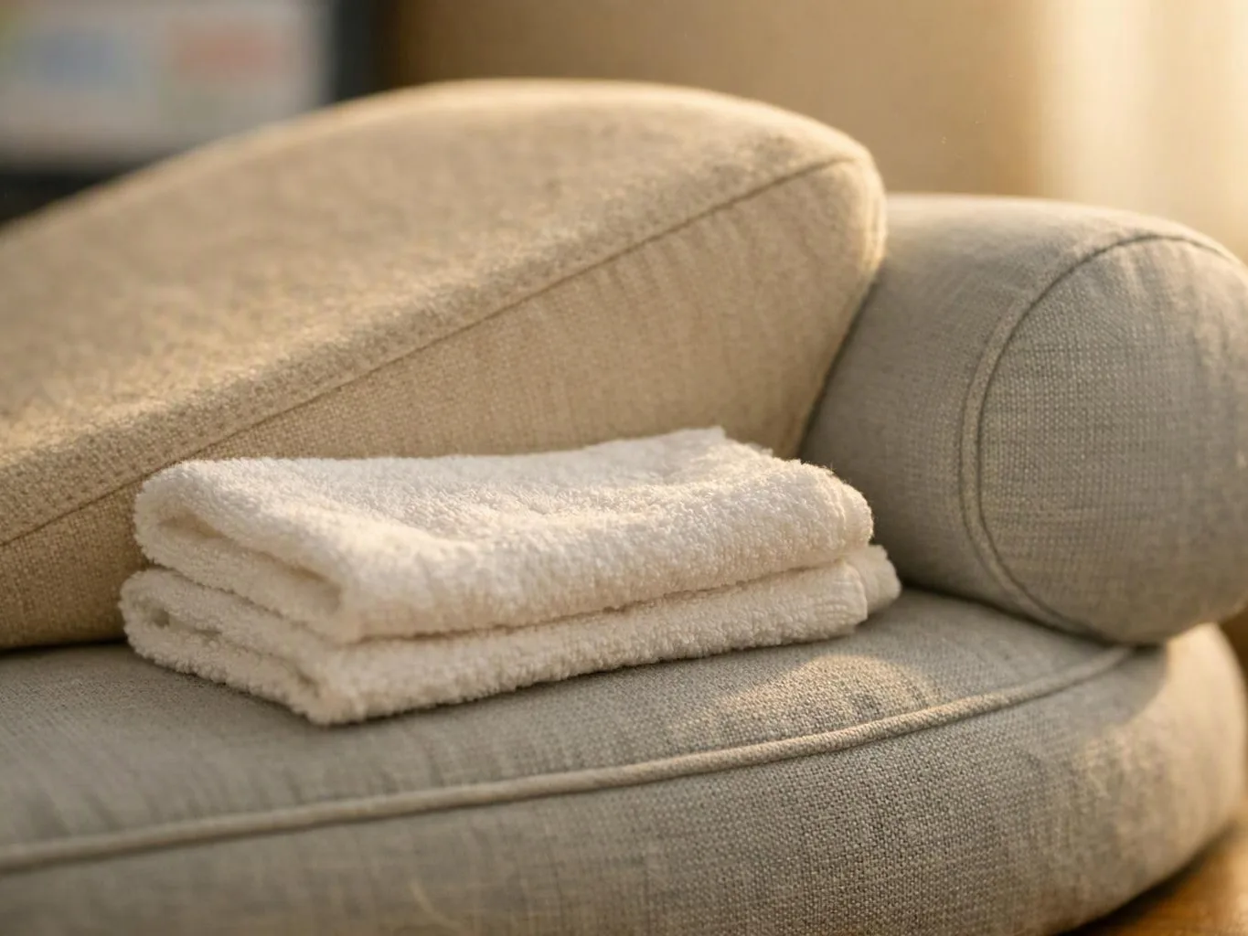 Folded white towels rest on a beige sofa cushion in warm indoor light