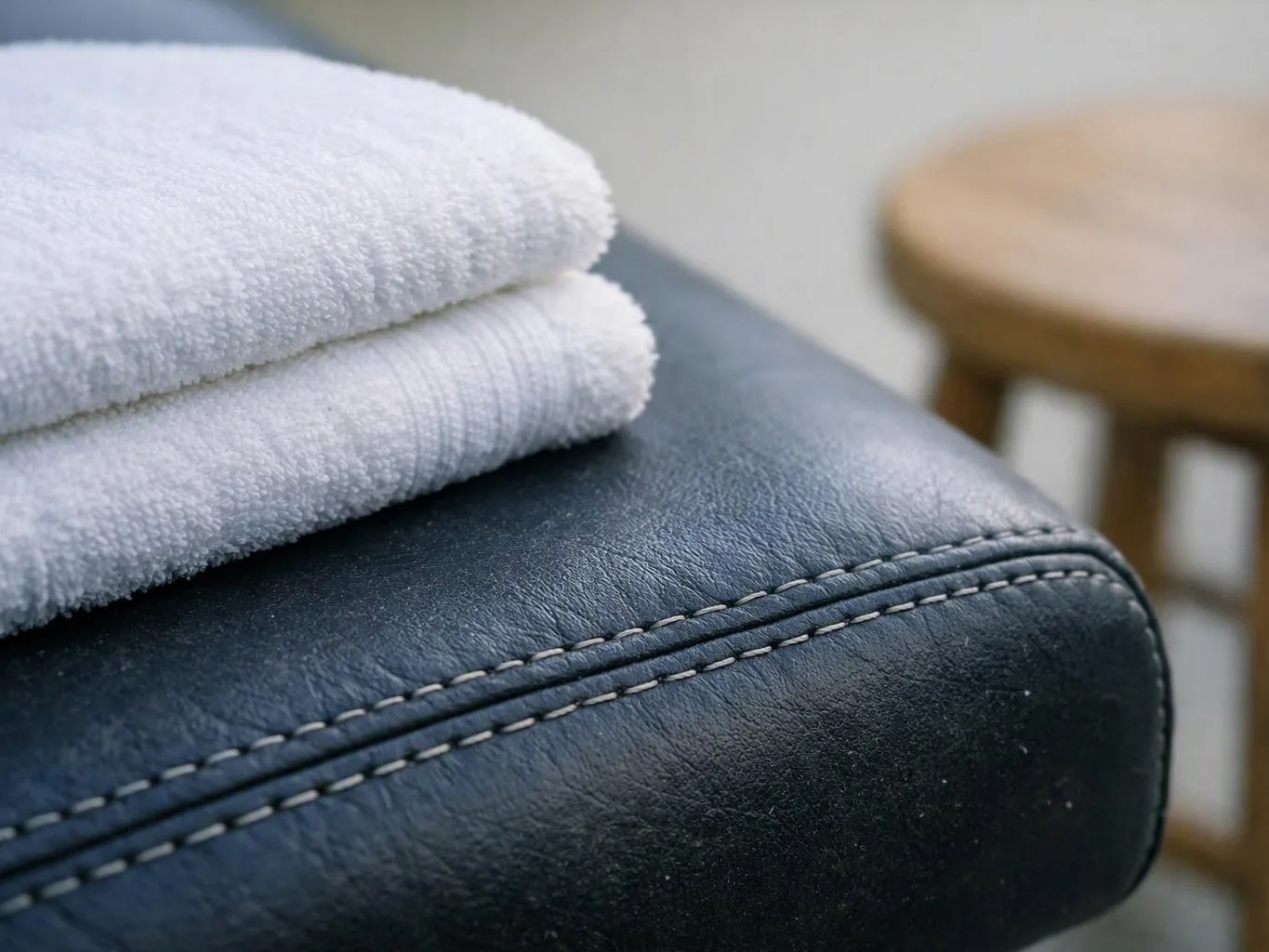 Folded white towels rest on a dark leather seat beside a blurred wooden stool