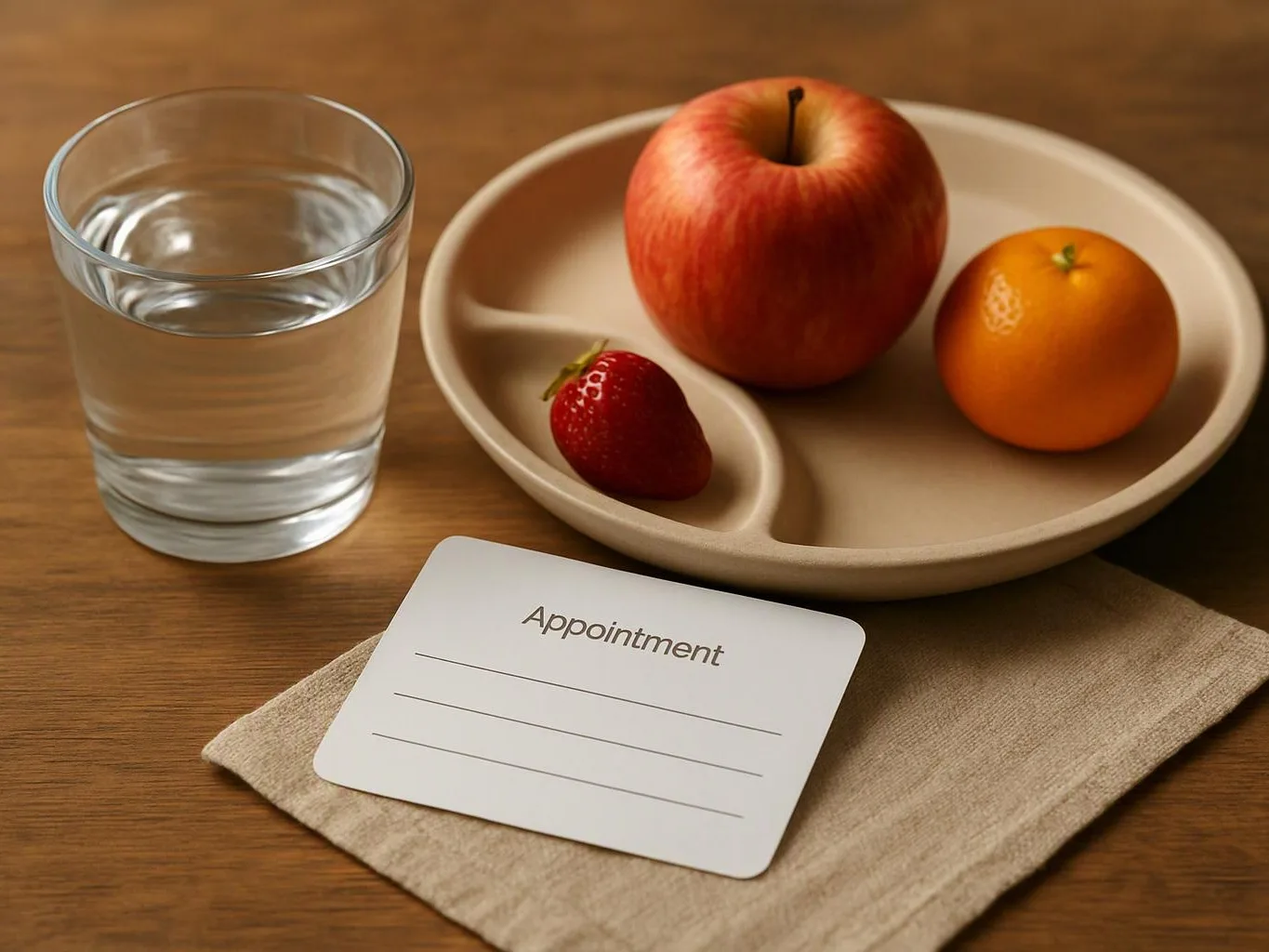 A glass of water sits beside a fruit plate and an appointment card on a wooden table
