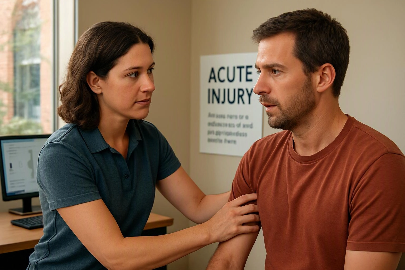 A woman steadies a seated man by the arm in a clinic room with an acute injury sign