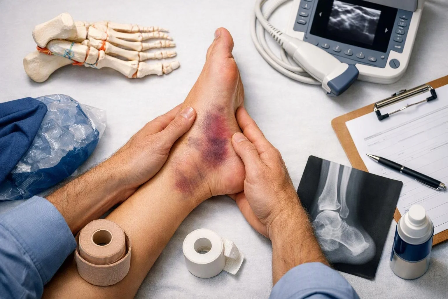 A clinician holds a bruised ankle on a table with imaging, a model foot, and medical supplies around it