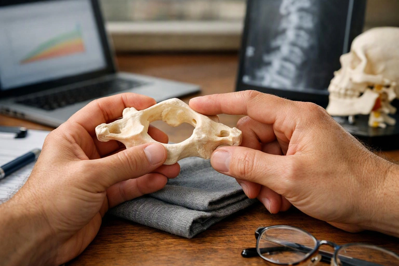 Hands hold a vertebra bone over a desk with a laptop, skull, X-ray, glasses, and notes nearby