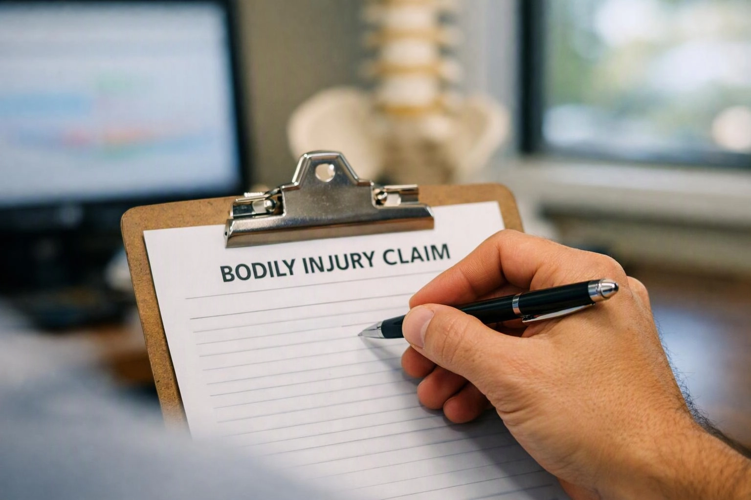 A hand writes on a clipboard labeled "BODILY INJURY CLAIM" with a blurred skeleton model and computer in the background