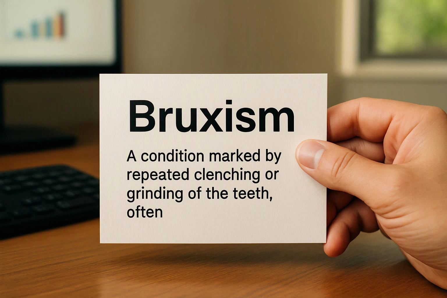 A hand holds a card reading Bruxism and a short definition over a desk with a blurred computer screen