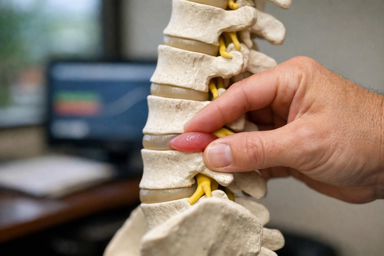A hand presses a spine model’s pink disc in a blurred office setting