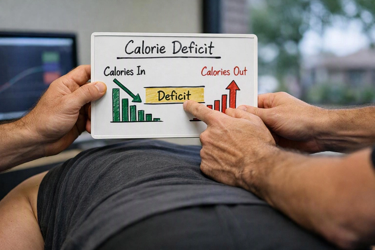 Hands hold a whiteboard showing a calorie deficit chart above a person lying face down on a table