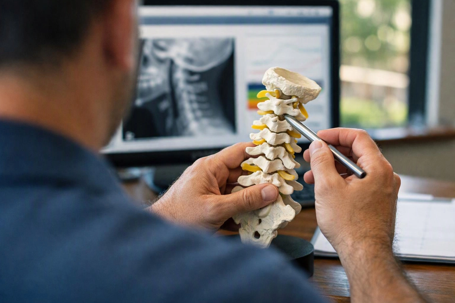 A person examines a spine model with a pen in front of a computer showing an X-ray image