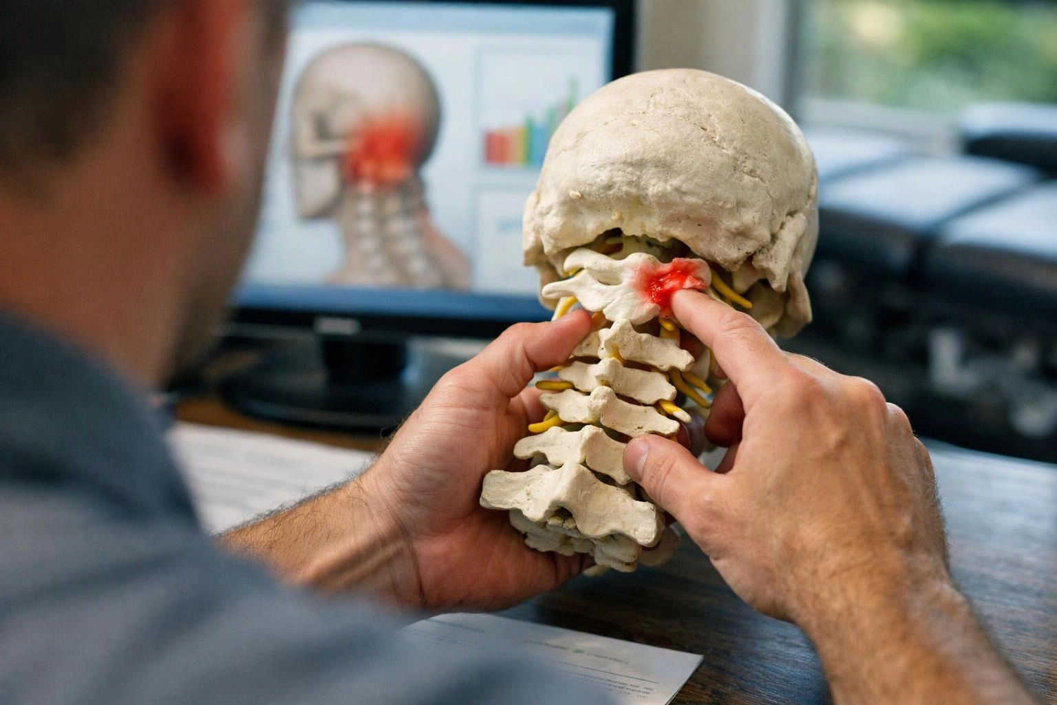A person examines a skull and neck model at a desk with a medical chart on a monitor behind it
