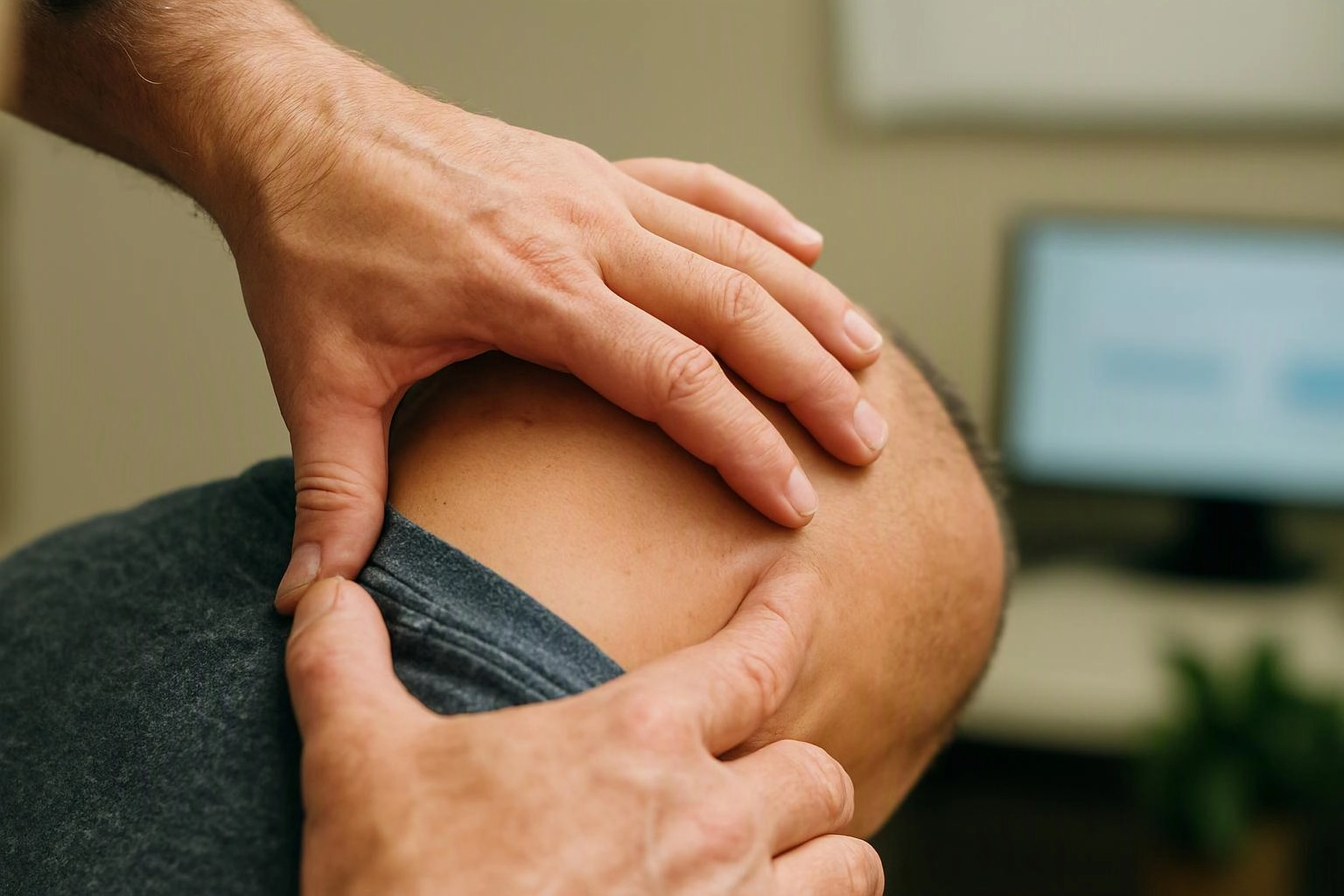 Hands gently massage a person’s neck in a blurred office setting