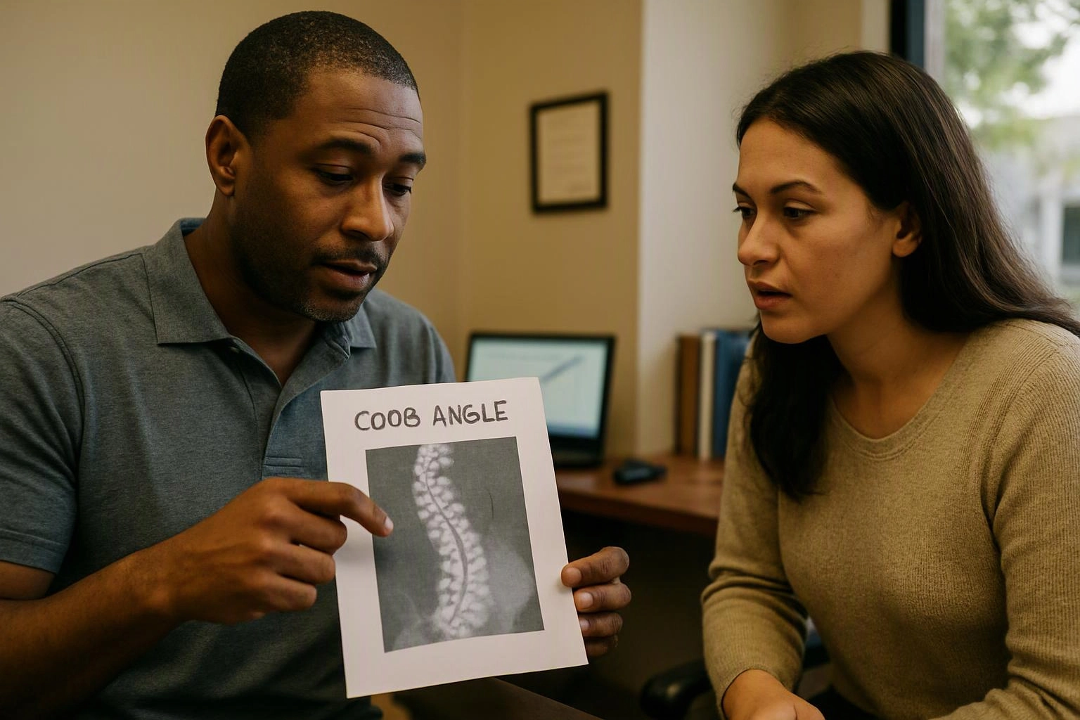 Two people study a paper showing a spine X-ray labeled “COOB ANGLE” in an office