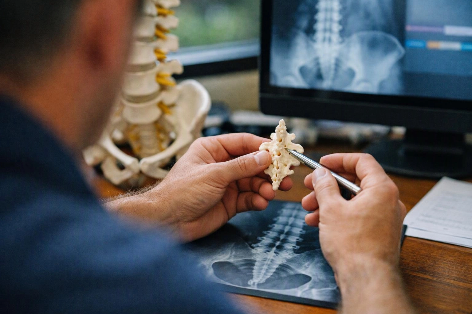 A person studies a small spine model with a pen beside an x-ray on a desk