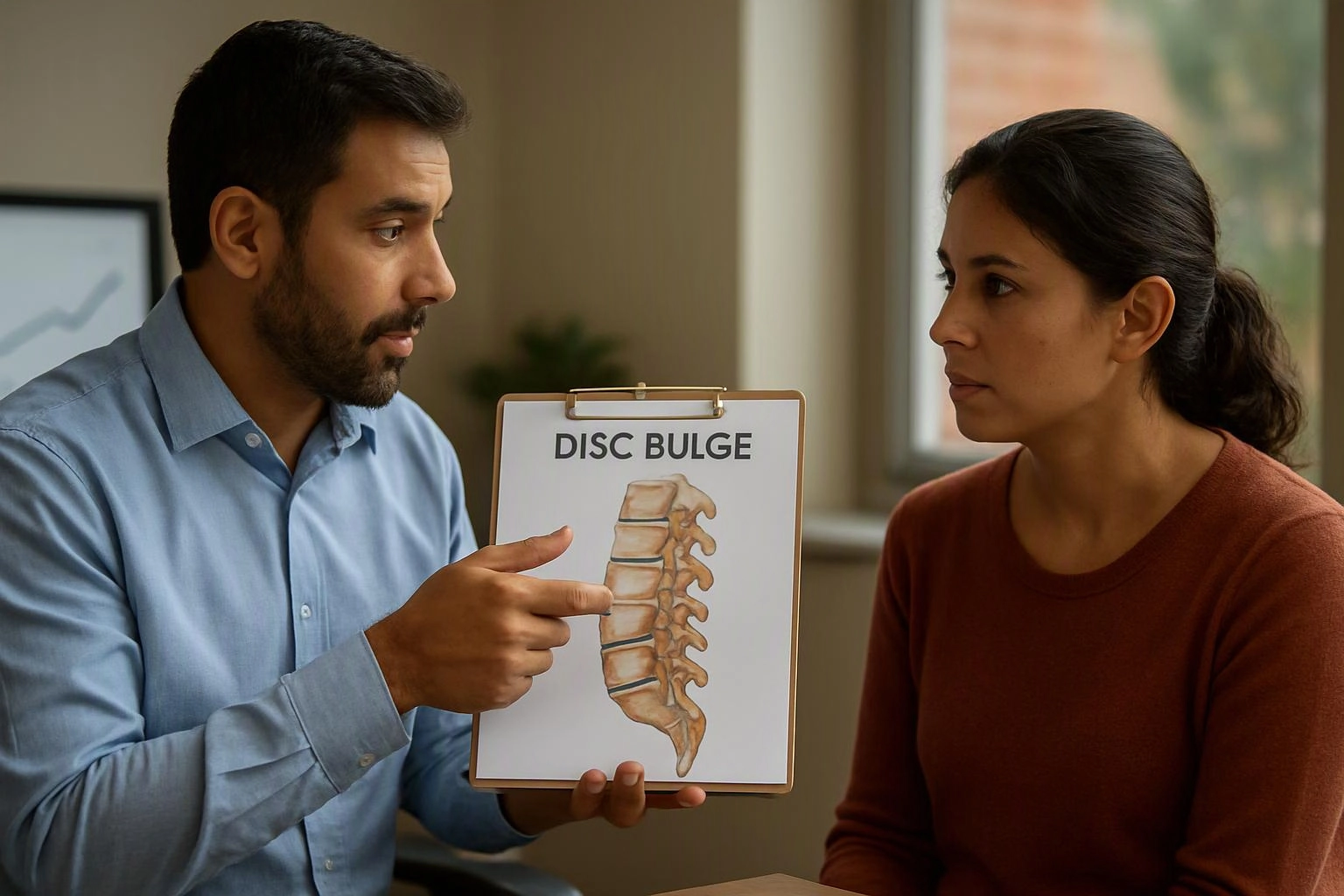 A man points to a spine diagram labeled disc bulge while speaking with a seated woman in a clinic room