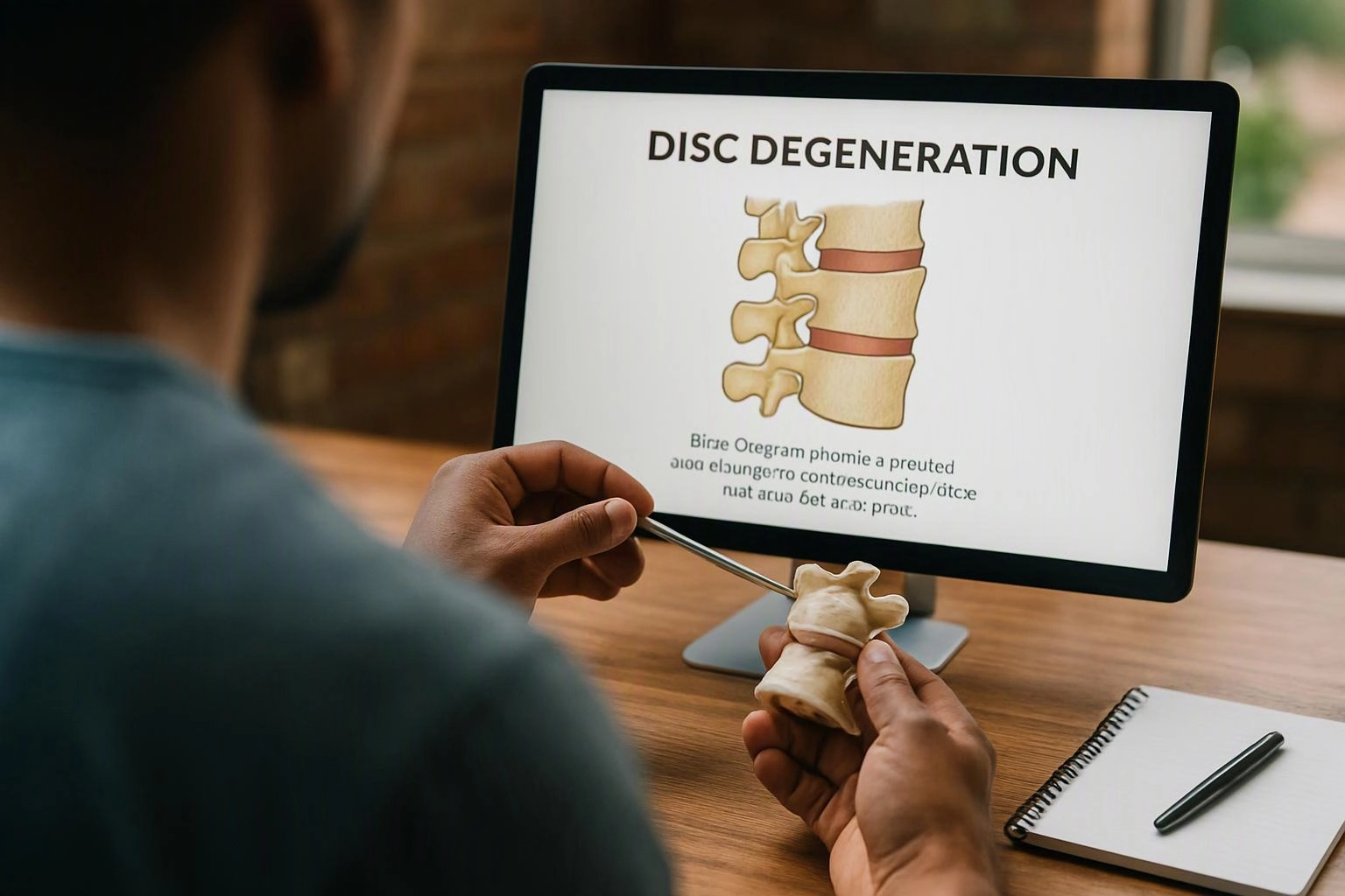 A person studies a spine model beside a monitor showing a disc degeneration diagram at a desk