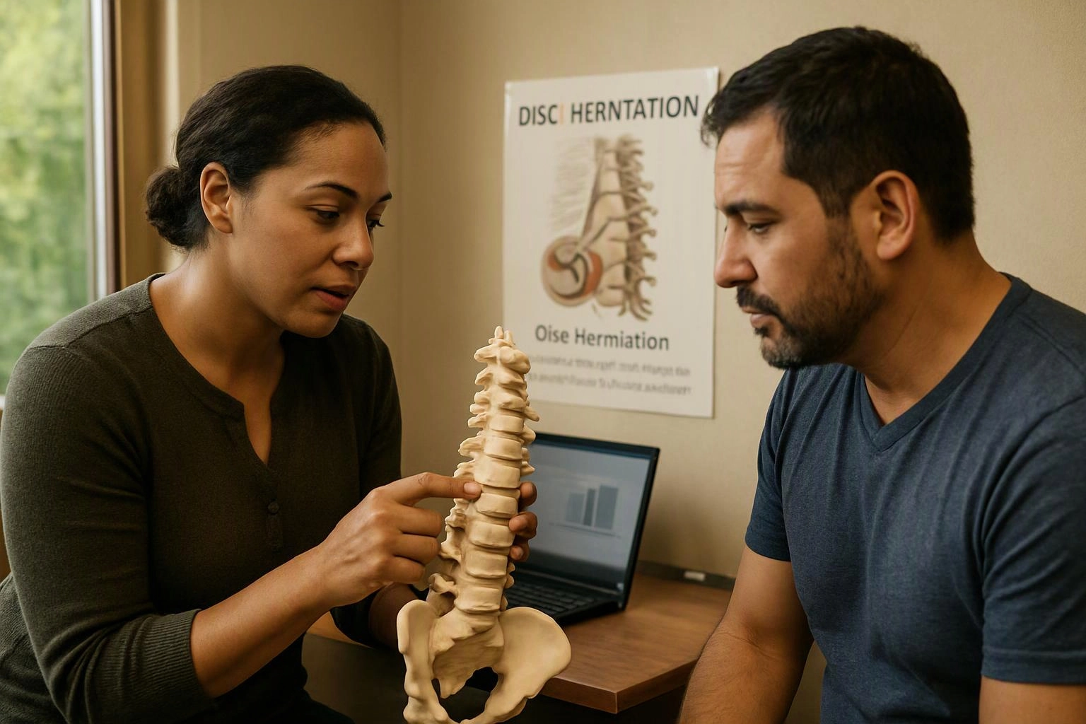 A woman points at a spine model while a man watches beside a desk with a laptop and medical poster