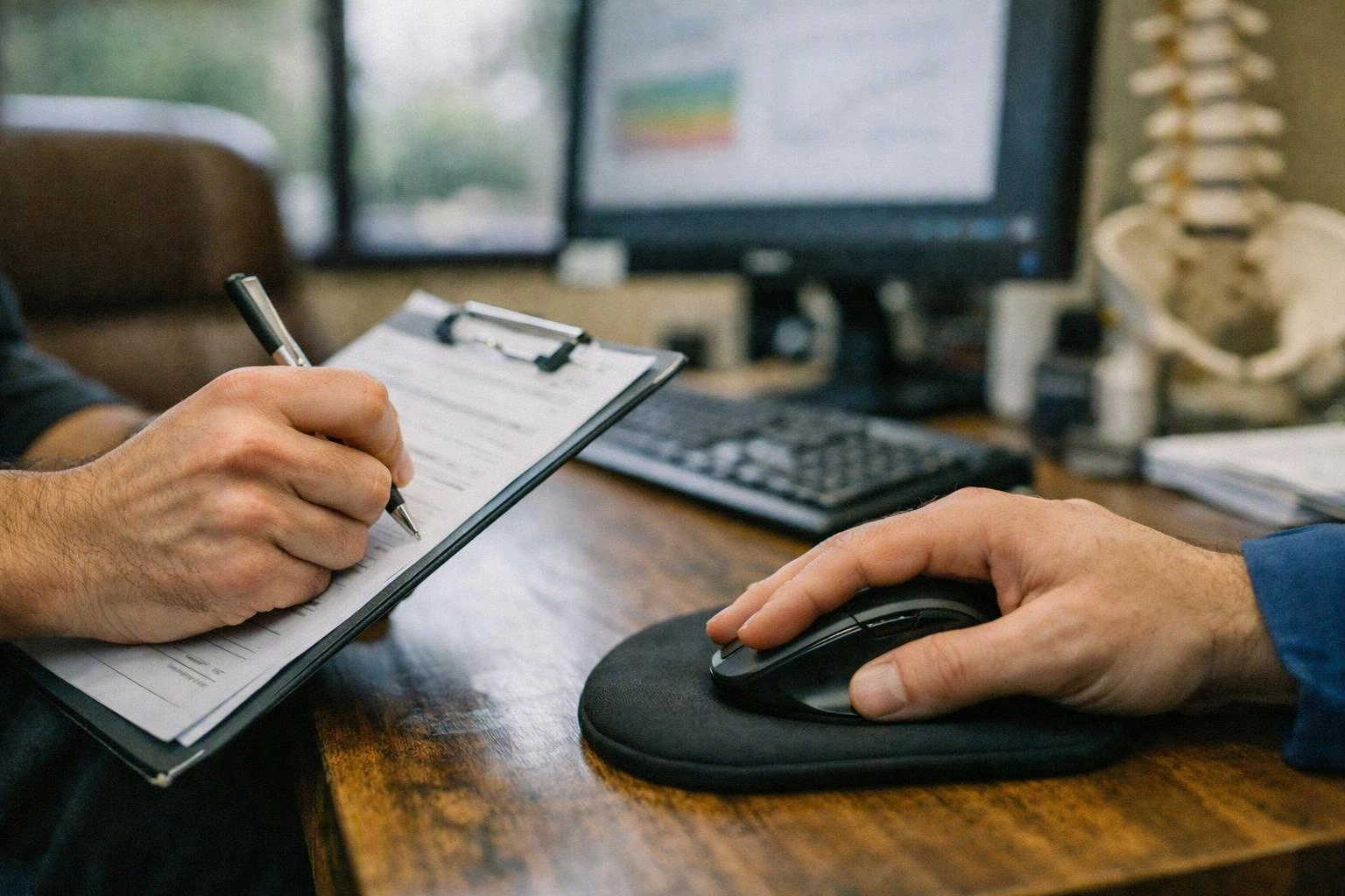A hand writes on a clipboard beside another hand resting on a mouse at a desk with a computer screen and keyboard