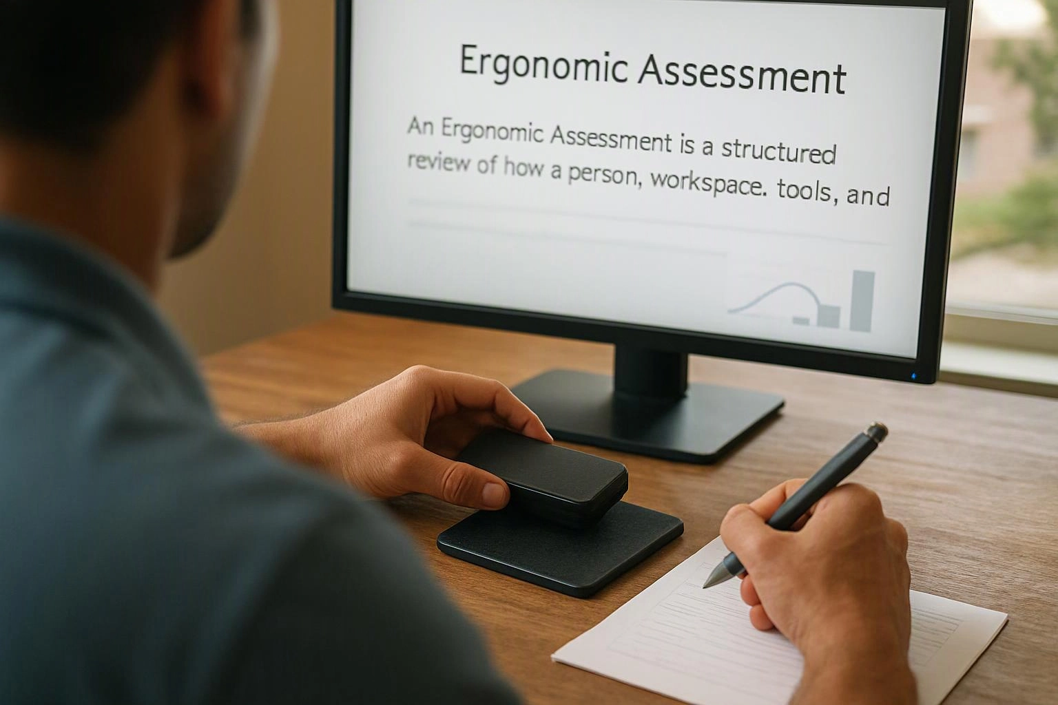 A person at a desk writes on paper while viewing an ergonomic assessment on a monitor