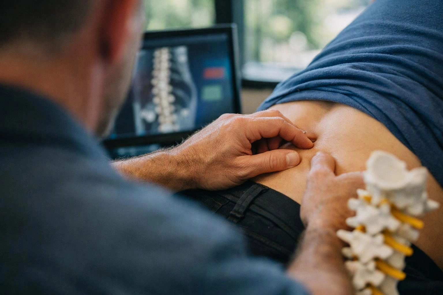 A doctor presses a patient’s lower back while an X-ray screen glows in the background