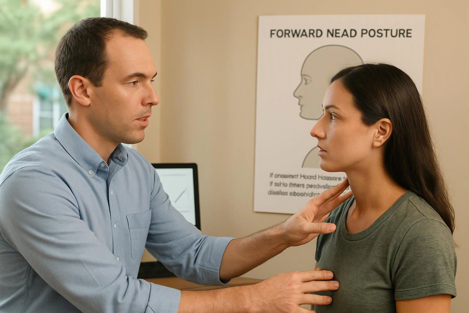 A man examines a woman’s neck and chest in a clinic room with a posture chart behind them