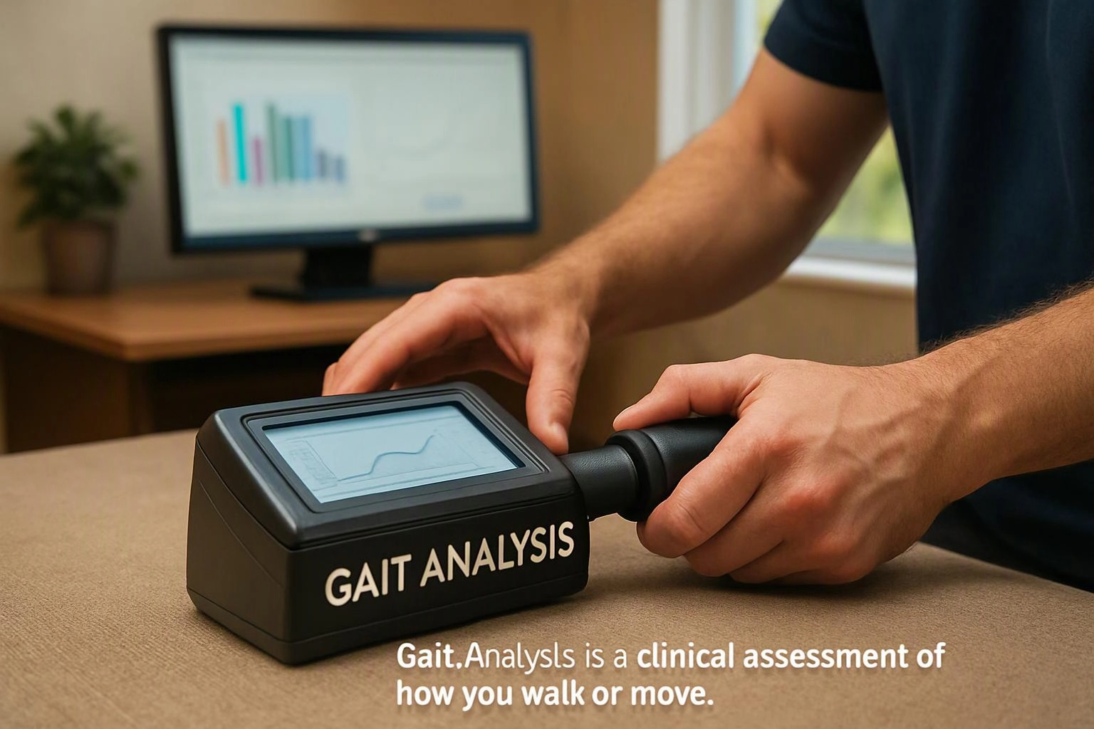 A person holds a handheld gait analysis device on a table, with a chart on a blurred monitor behind it
