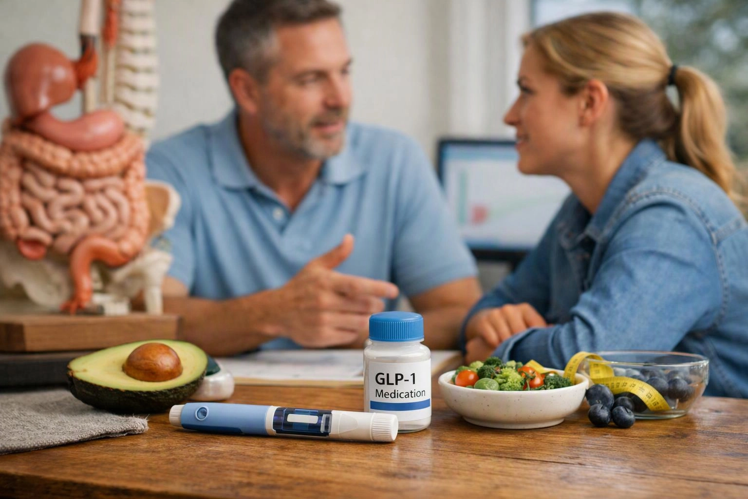 A doctor talks with a woman at a table covered with food, a GLP-1 bottle, and a medical model