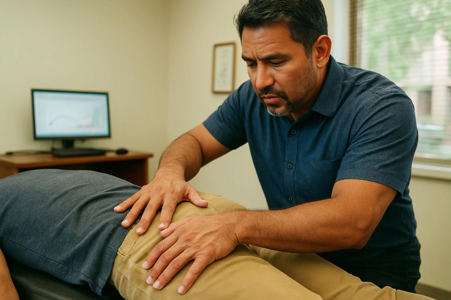 A man in a blue shirt gently presses another person’s lower back in a bright office room