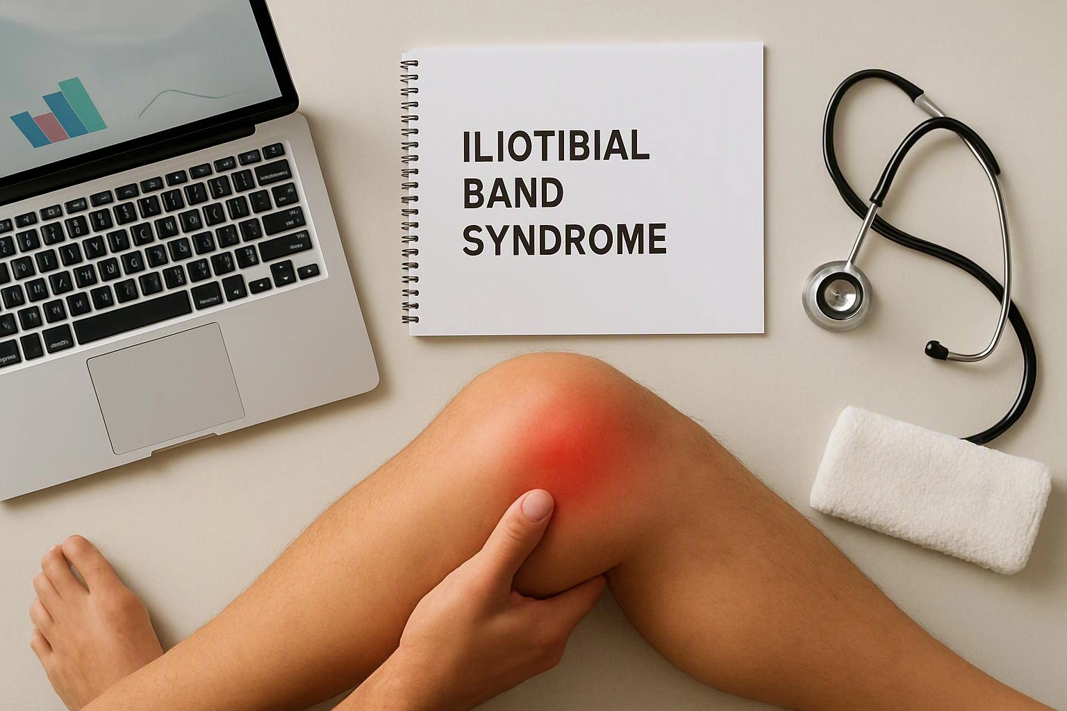 A person points to a reddened knee beside a laptop, notebook, stethoscope, and rolled towel on a desk