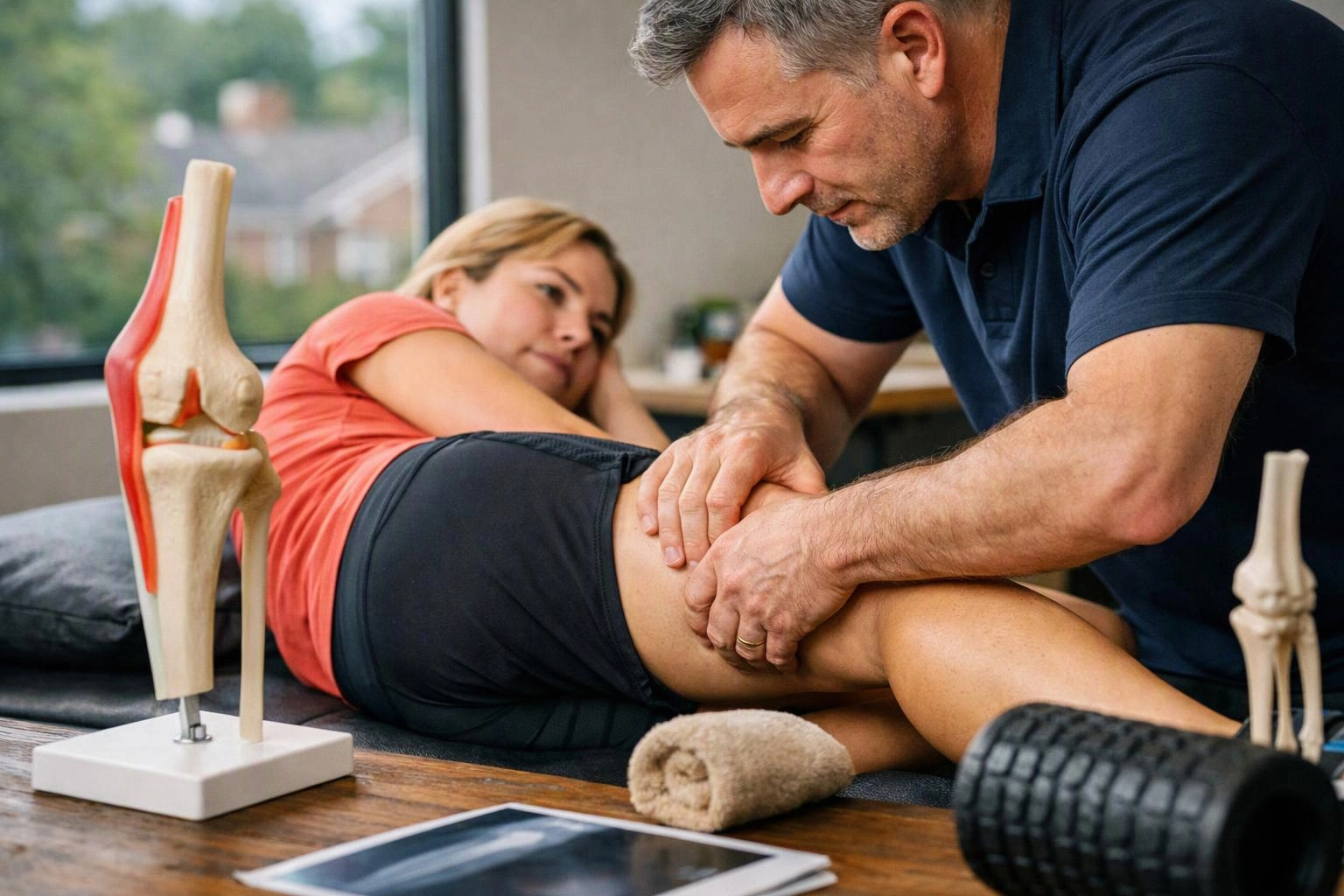 A man massages a woman’s knee on a treatment table, with anatomy models and a tablet nearby