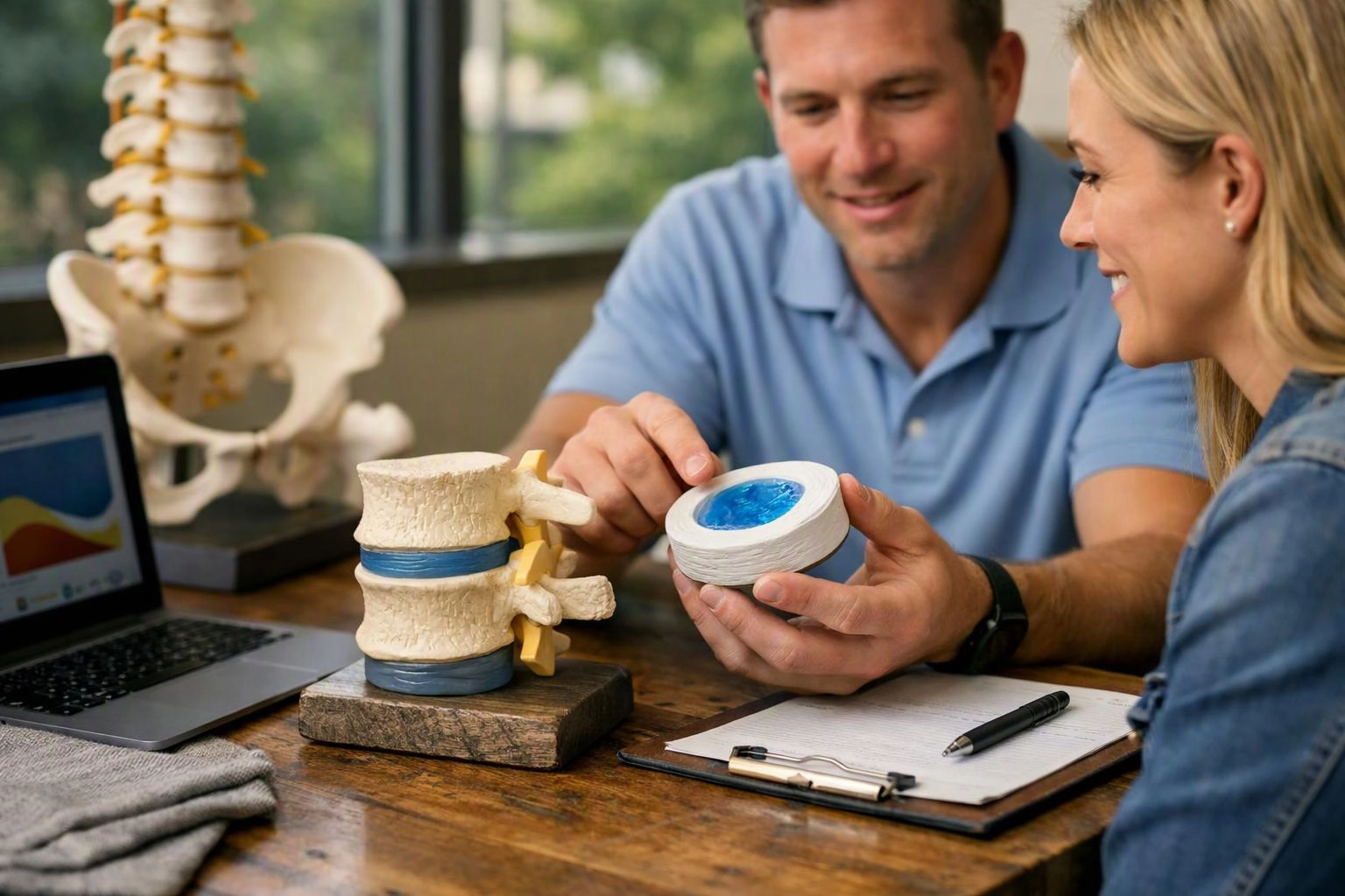A man and woman examine a spine model and disc on a desk beside a laptop and clipboard