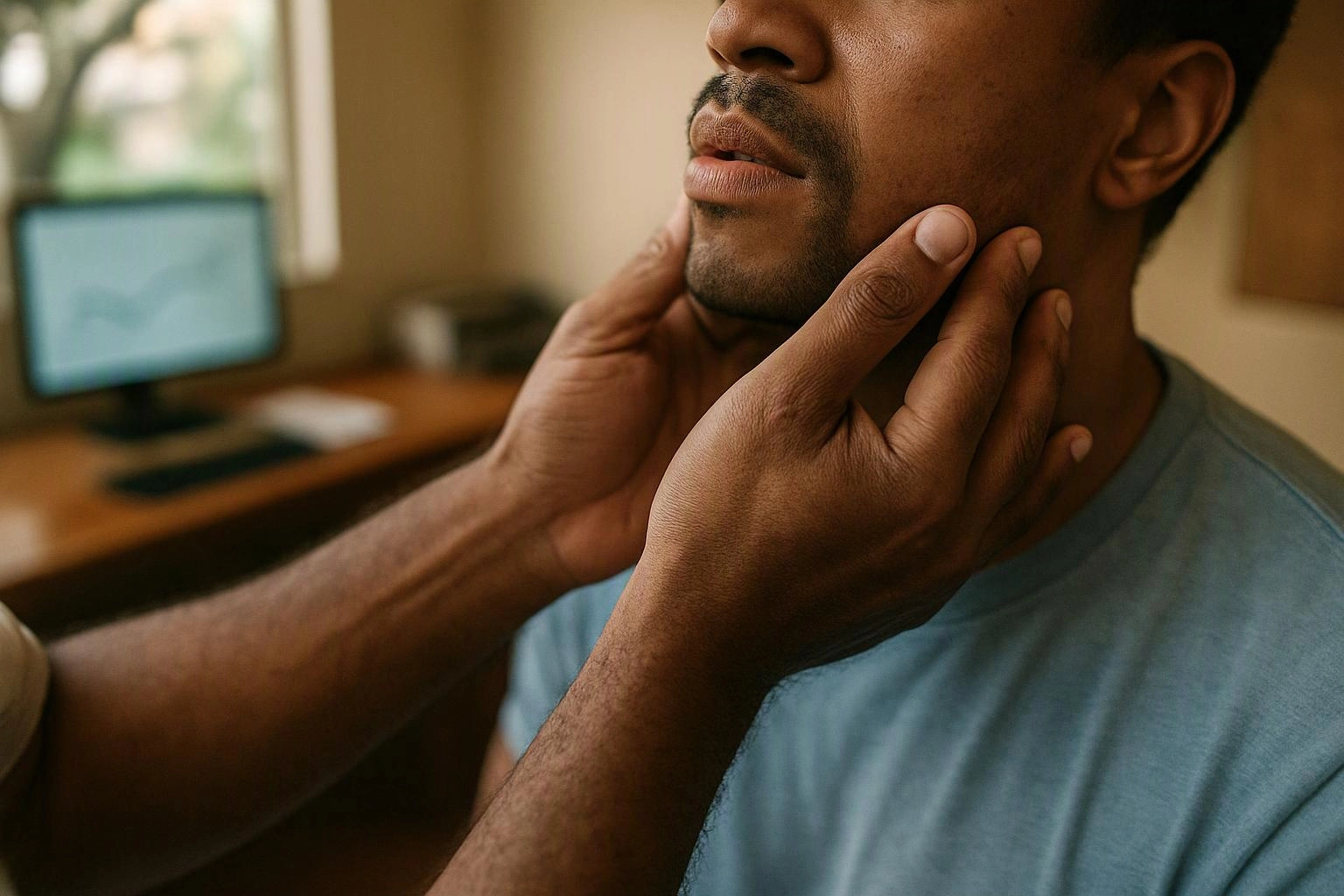 A person examines another person’s jaw and chin in a softly lit room with a blurred computer in the background
