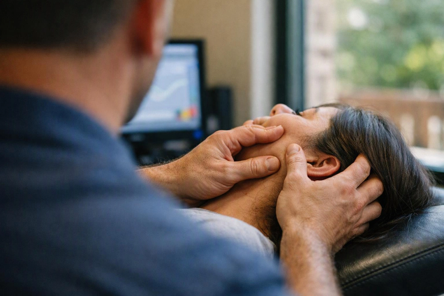 A clinician gently holds a patient’s jaw and neck while she reclines on a treatment chair in a bright room