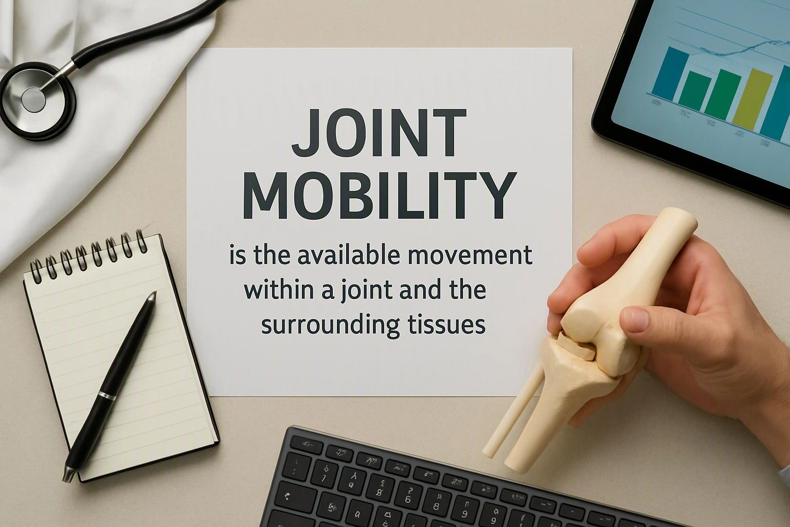 A hand holds a knee joint model beside a sheet reading “JOINT MOBILITY” on a desk with medical tools