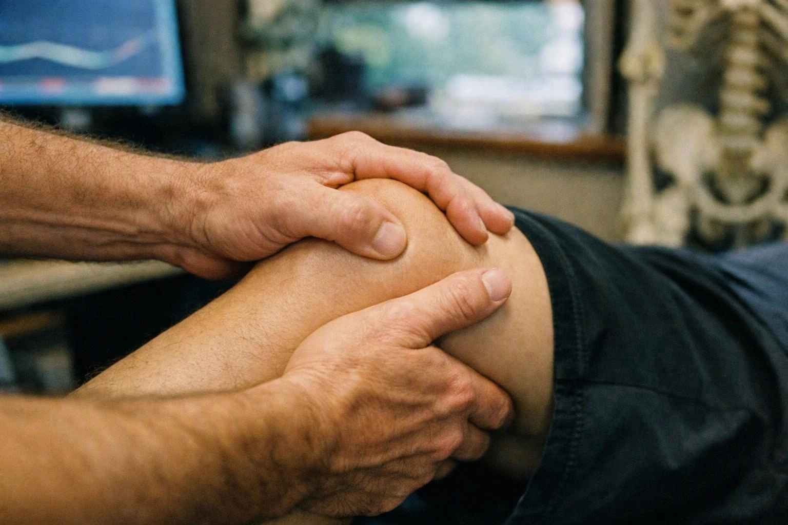 A pair of hands presses a person’s bent knee in a clinic room